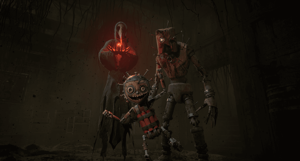 Three GRAIN ROT characters posed in a dark industrial ruin: a hooded figure, a small wooden vessel, and a tall wooden vessel.