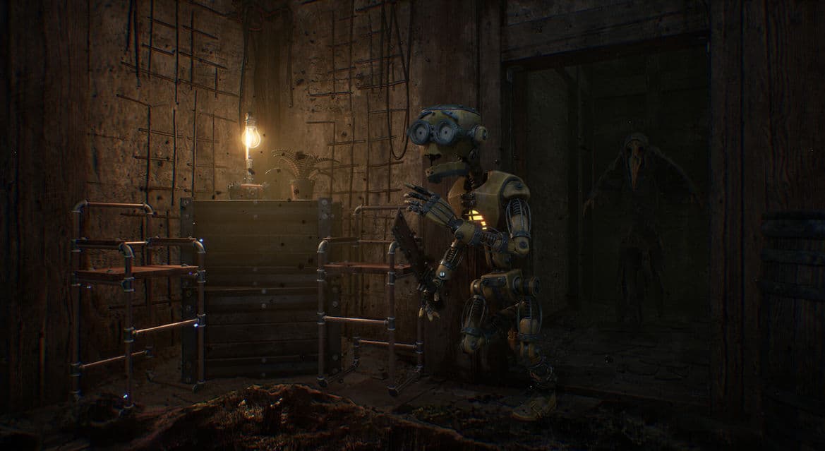 A wooden GRAIN ROT vessel standing in a dim workshop while a hooded enemy waits in the doorway.