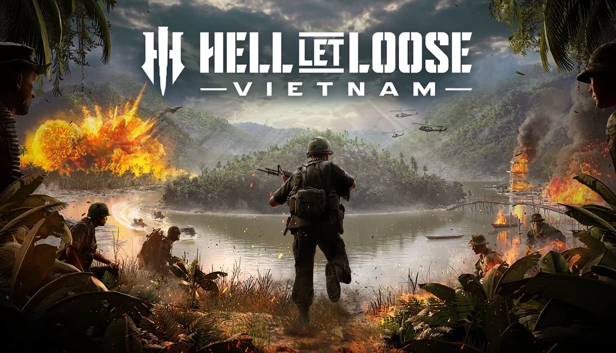 Official Hell Let Loose: Vietnam key art showing soldiers beside a river, helicopters and the game logo.