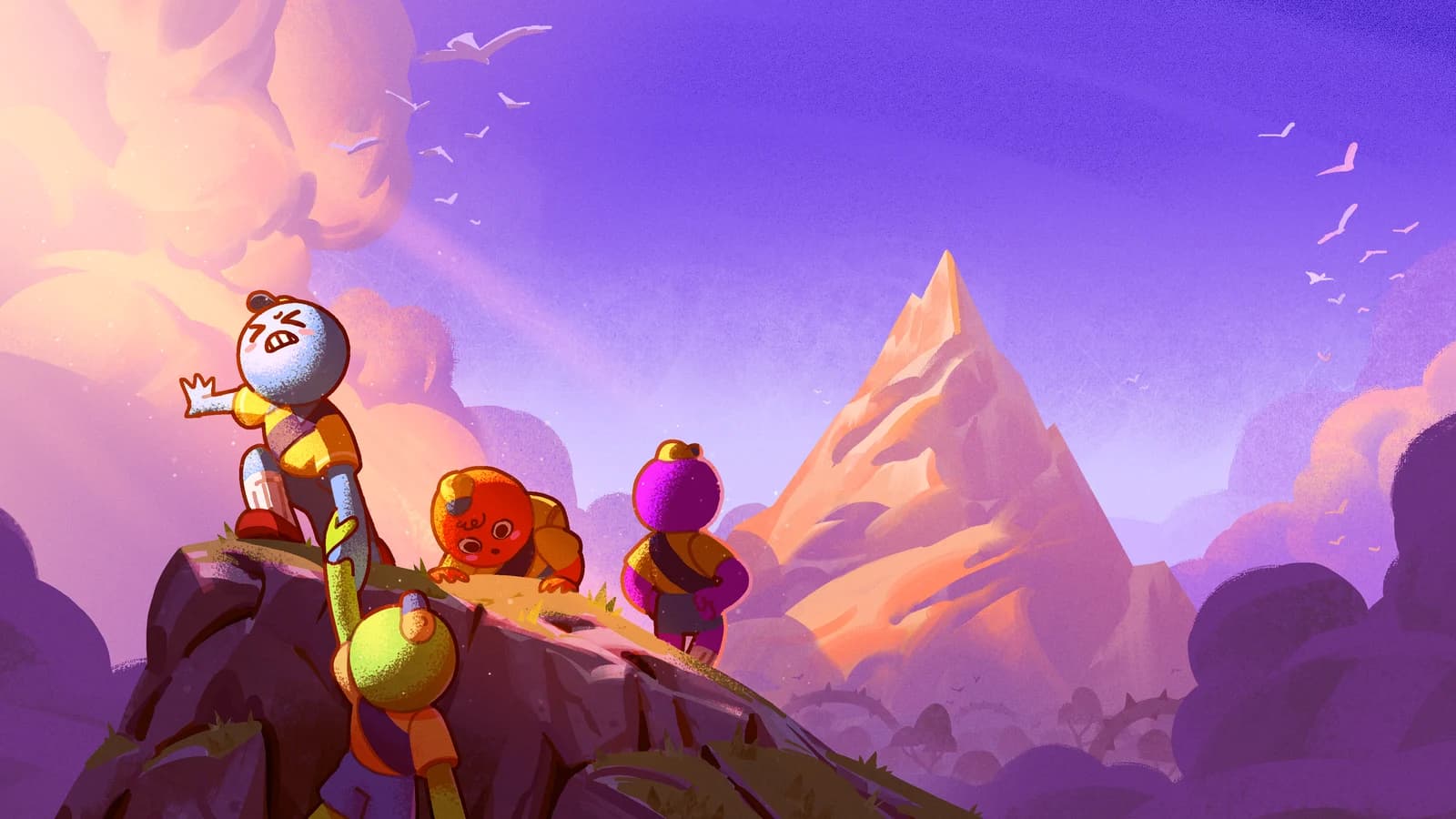Official PEAK key art showing four climbers helping each other up a cliff beneath a mountain.