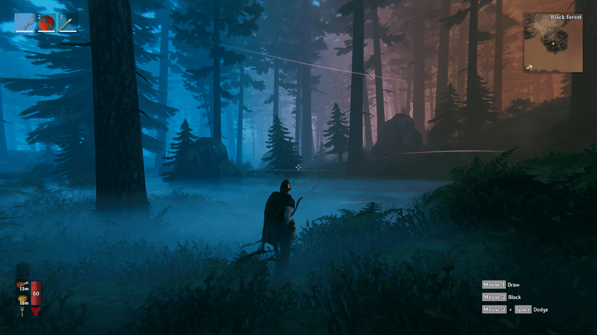 A Valheim player explores the Black Forest where blue and orange light meet between tall trees.